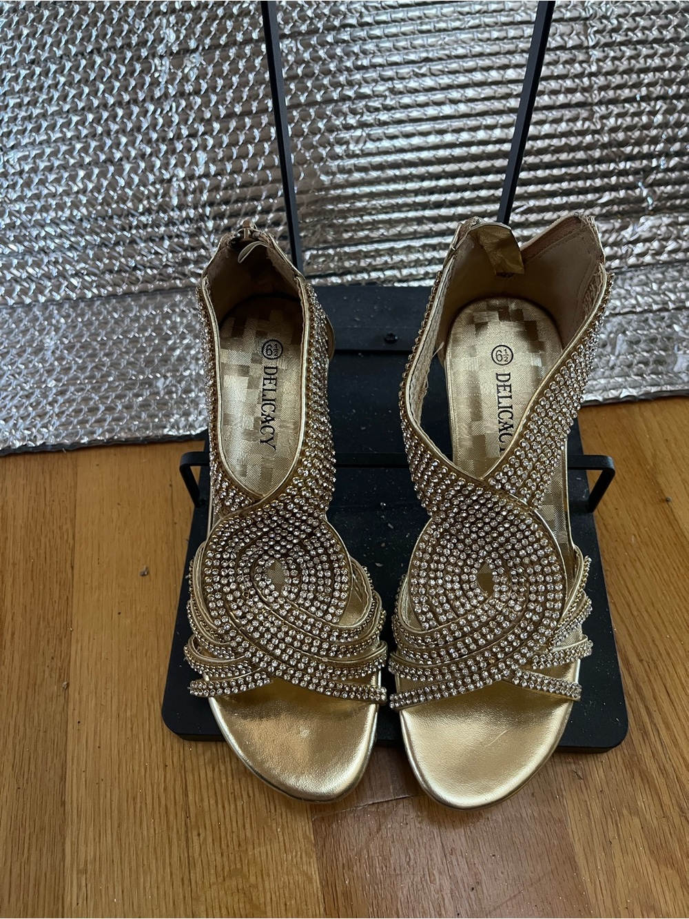 Delicacy Gold Crystal-Strap Open-Toe Heels